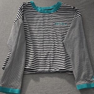 Womens Xl Navy and White Striped Long Sleeve Tee with Teal Accents